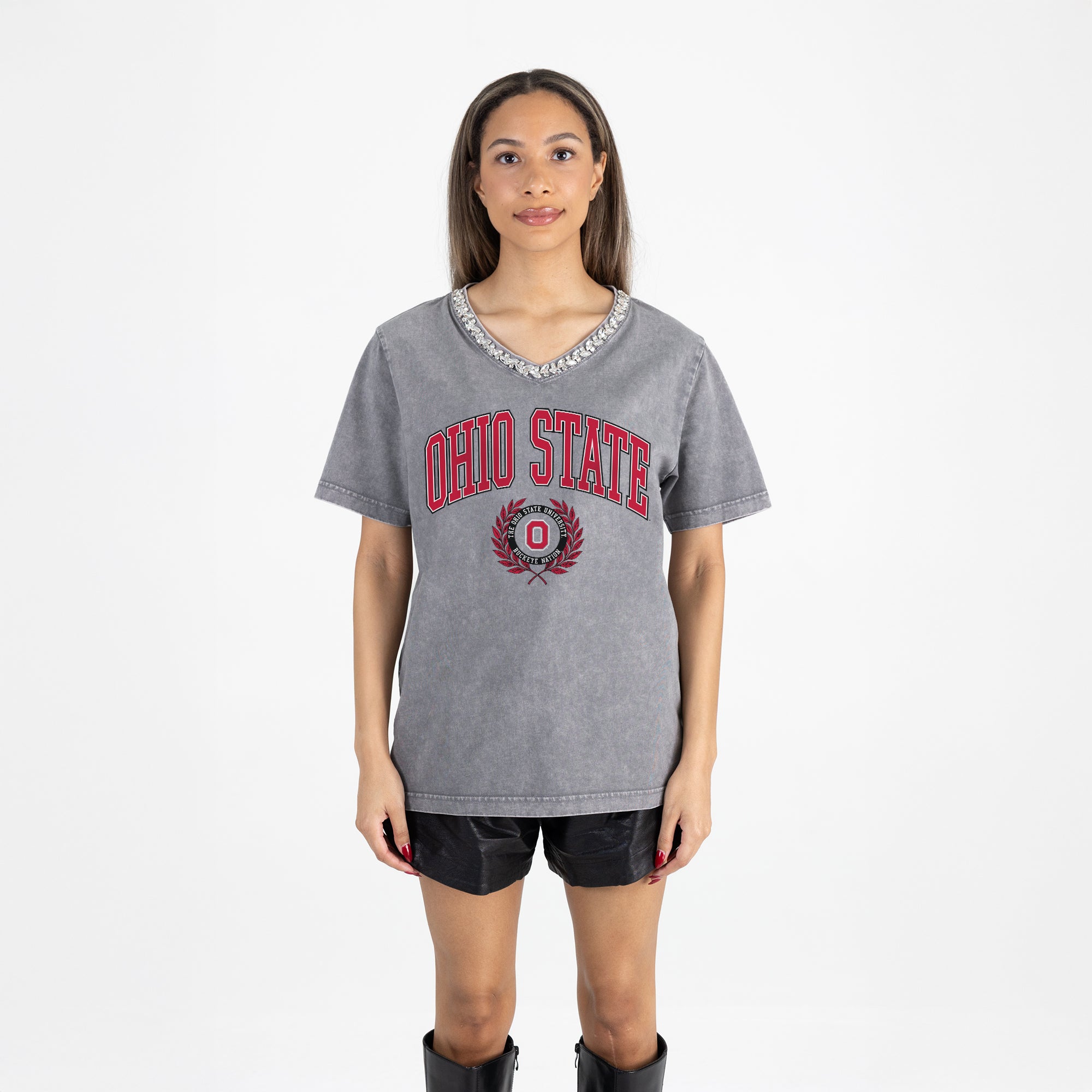 Ohio State Rhinestone Transfer Grey Rhinestone Ohio State V-Neck Tee | Gameday Couture – Gameday ...