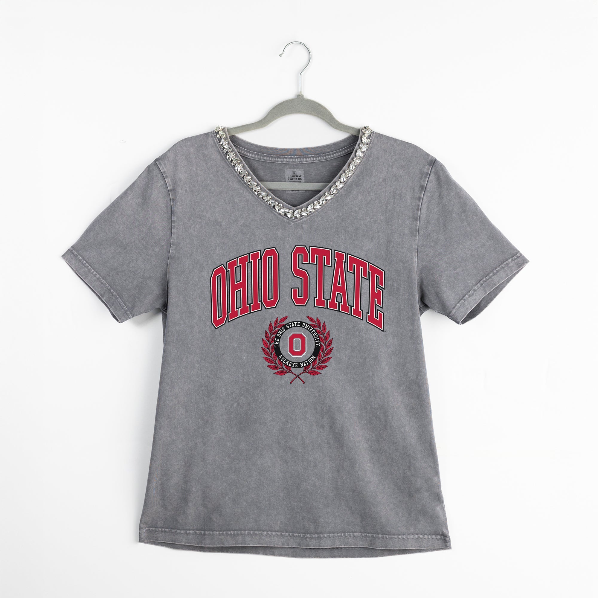 OHIO STATE BUCKEYES ICONIC EDGE RHINESTONE TRIM V-NECK TEE
