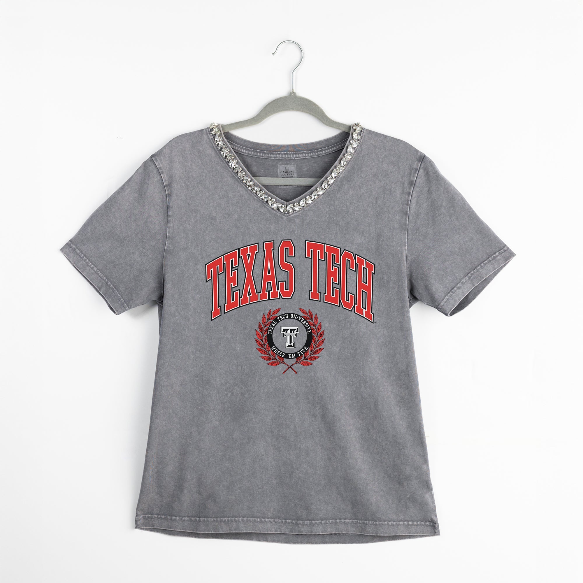 TEXAS TECH RED RAIDERS ICONIC EDGE RHINESTONE TRIM V-NECK TEE