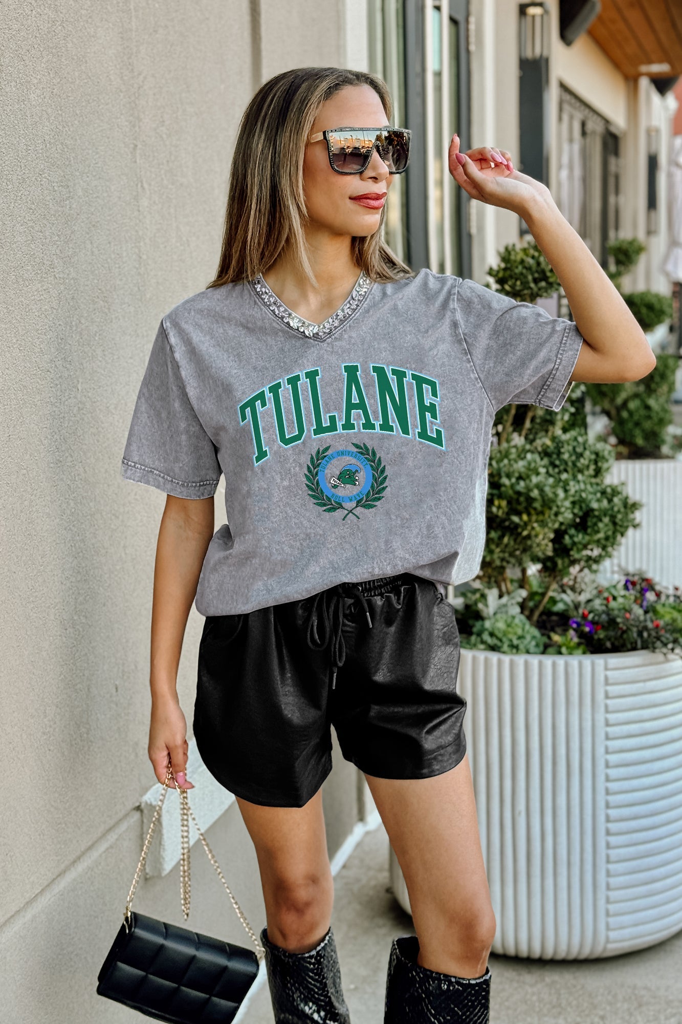 TULANE GREEN WAVE ICONIC EDGE RHINESTONE TRIM V-NECK TEE