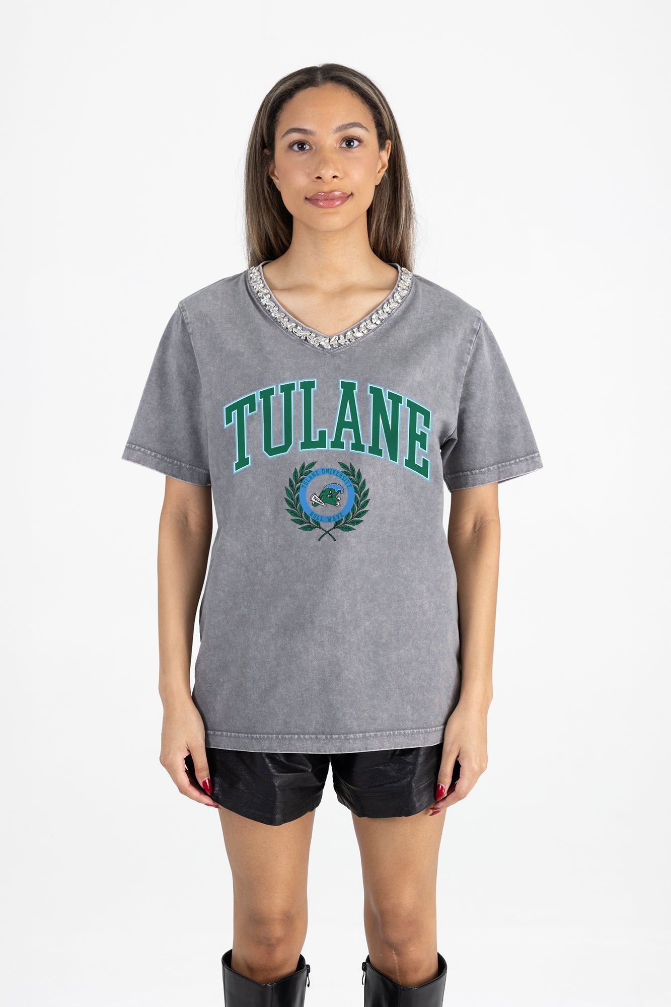 TULANE GREEN WAVE ICONIC EDGE RHINESTONE TRIM V-NECK TEE