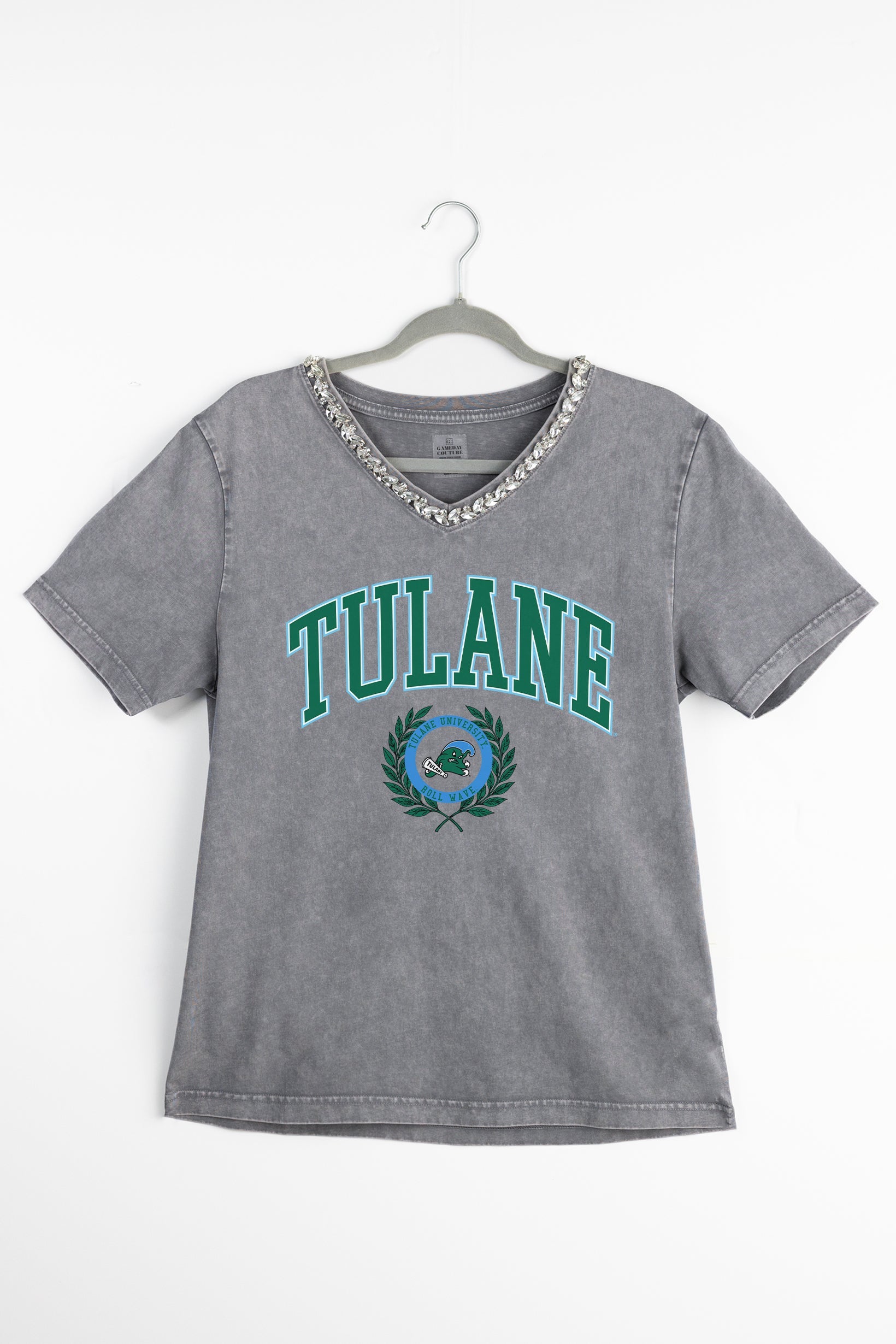 TULANE GREEN WAVE ICONIC EDGE RHINESTONE TRIM V-NECK TEE