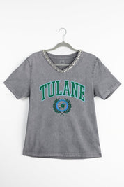 TULANE GREEN WAVE ICONIC EDGE RHINESTONE TRIM V-NECK TEE
