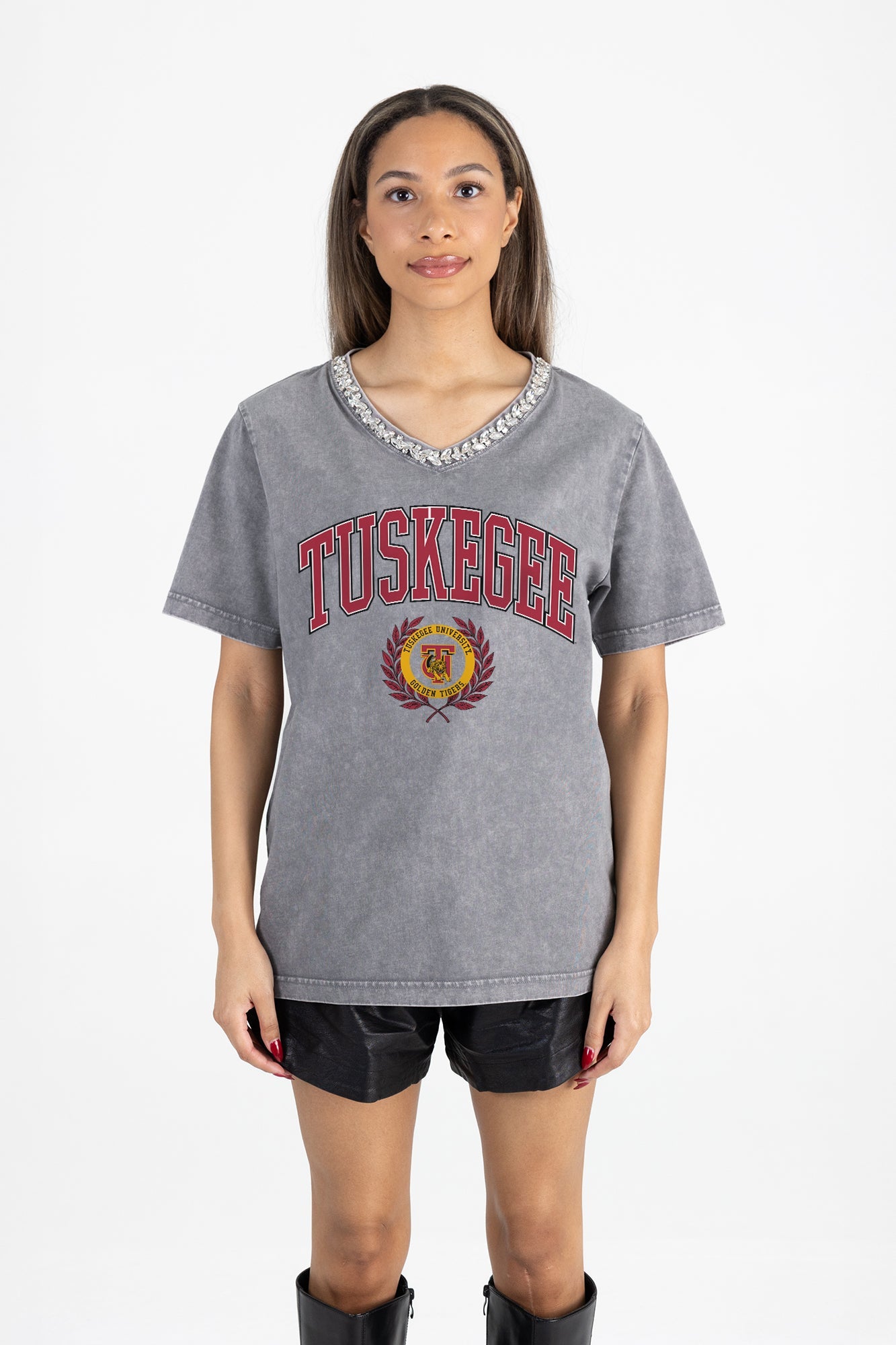 TUSKEGEE GOLDEN TIGERS ICONIC EDGE RHINESTONE TRIM V-NECK TEE