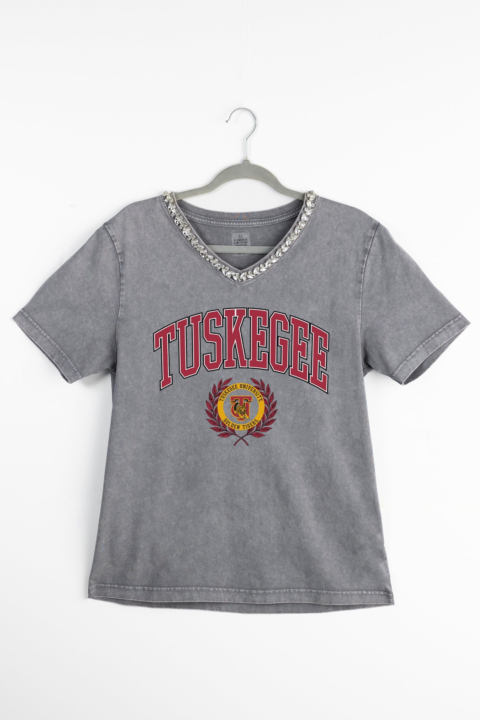 TUSKEGEE GOLDEN TIGERS ICONIC EDGE RHINESTONE TRIM V-NECK TEE