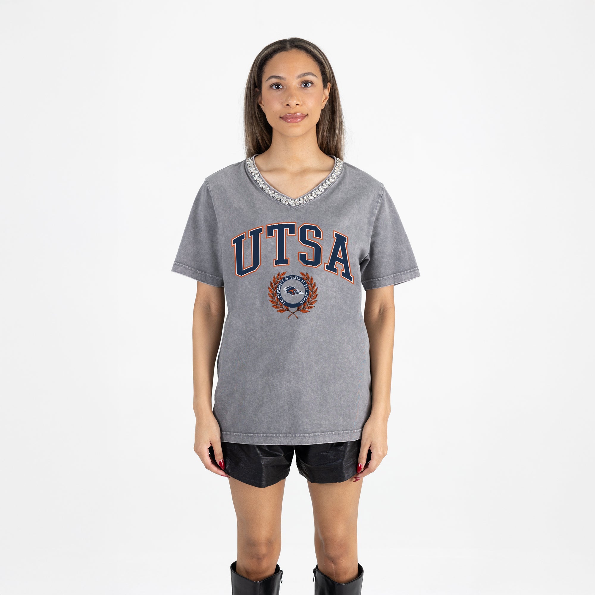 Grey Washed UTSA Roadrunners Rhinestone V-Neck Tee - Back View On Model | Gameday Couture - SOHO