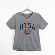 Grey Washed UTSA Roadrunners Iconic Edge Rhinestone V-Neck Tee - Hanger Flat View | Gameday Couture - SOHO