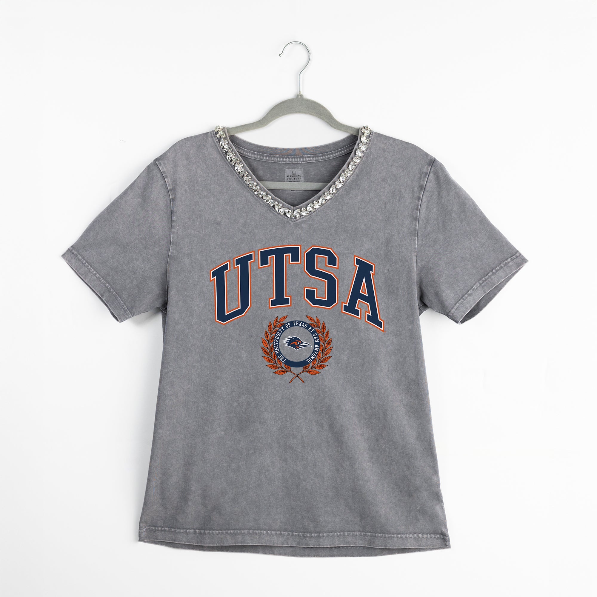 Grey Washed UTSA Roadrunners Iconic Edge Rhinestone V-Neck Tee - Hanger Flat View | Gameday Couture - SOHO