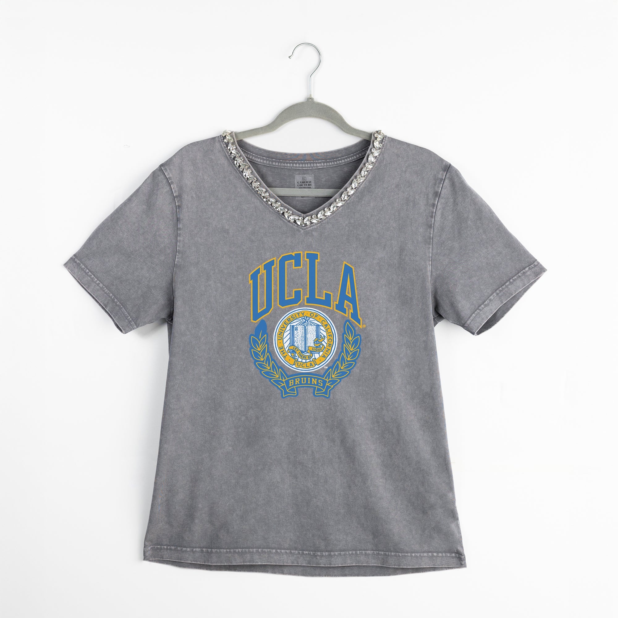 UCLA BRUINS ICONIC EDGE RHINESTONE TRIM V-NECK TEE