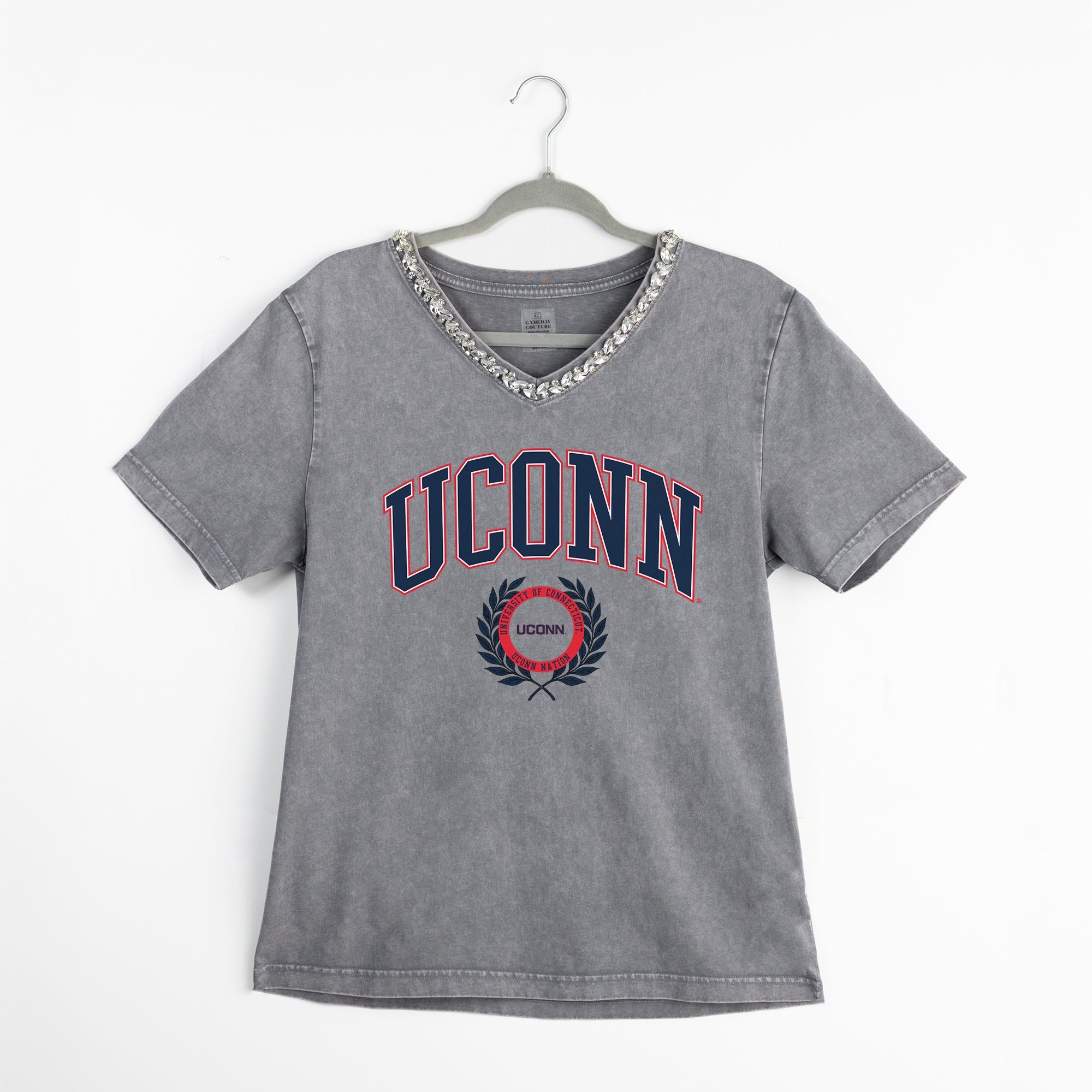UCONN HUSKIES ICONIC EDGE RHINESTONE TRIM V-NECK TEE