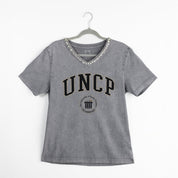 UNC AT PEMBROKE BRAVES ICONIC EDGE RHINESTONE TRIM V-NECK TEE