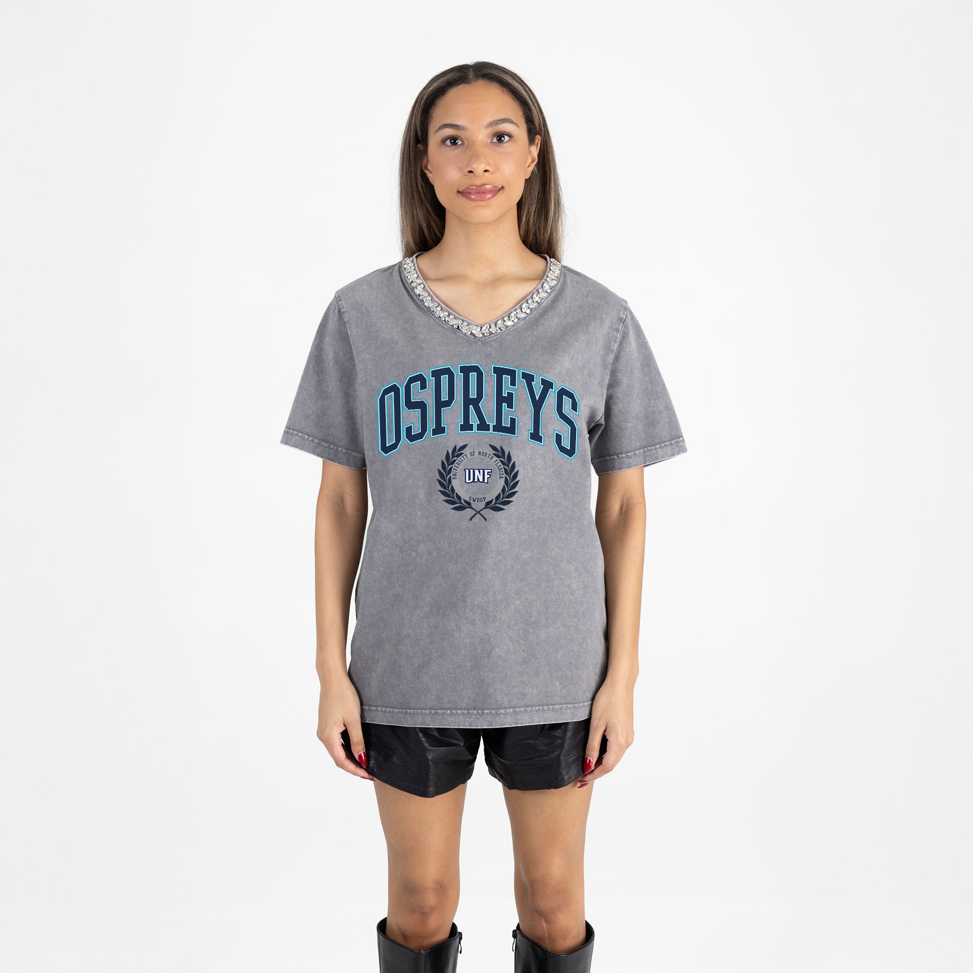NORTH FLORIDA OSPREYS ICONIC EDGE RHINESTONE TRIM V-NECK TEE