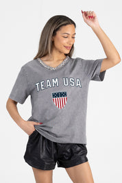 TEAM USA BORN TO SHINE RHINESTONE TRIM V-NECK TEE