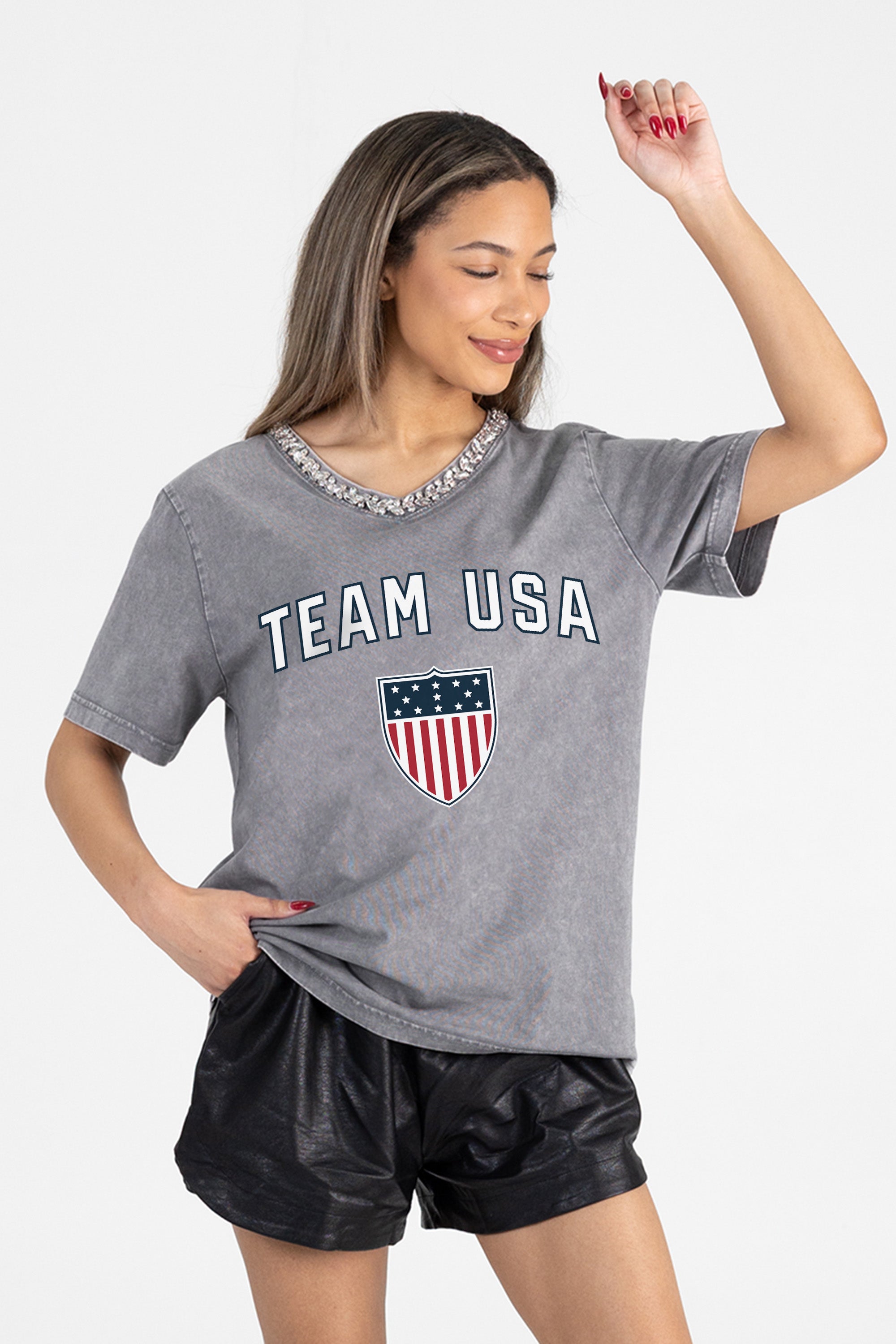 TEAM USA BORN TO SHINE RHINESTONE TRIM V-NECK TEE