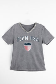 TEAM USA BORN TO SHINE RHINESTONE TRIM V-NECK TEE