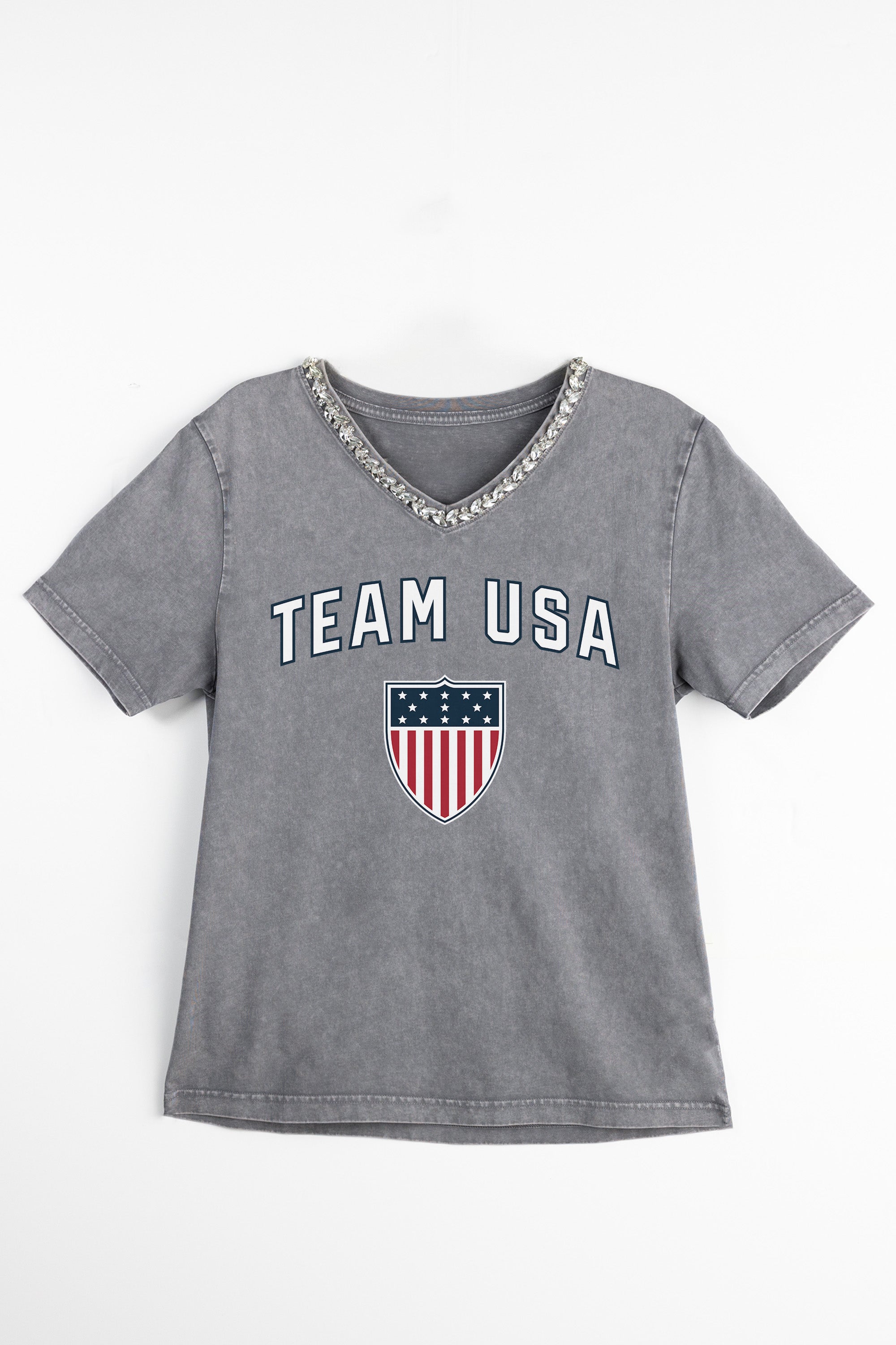 TEAM USA BORN TO SHINE RHINESTONE TRIM V-NECK TEE