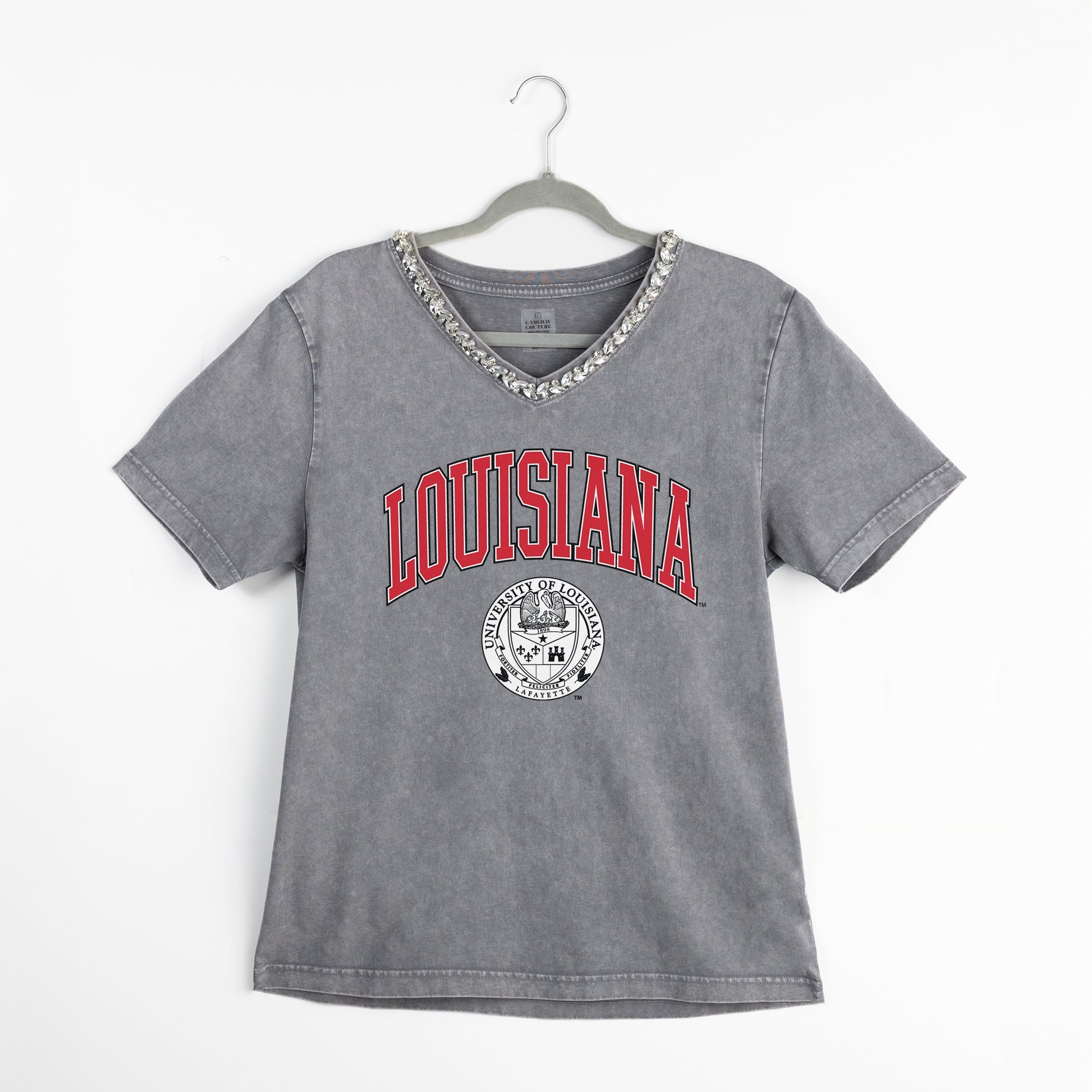 LOUISIANA RAGIN' CAJUNS ICONIC EDGE RHINESTONE TRIM V-NECK TEE