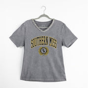 SOUTHERN MISS GOLDEN EAGLES ICONIC EDGE RHINESTONE TRIM V-NECK TEE