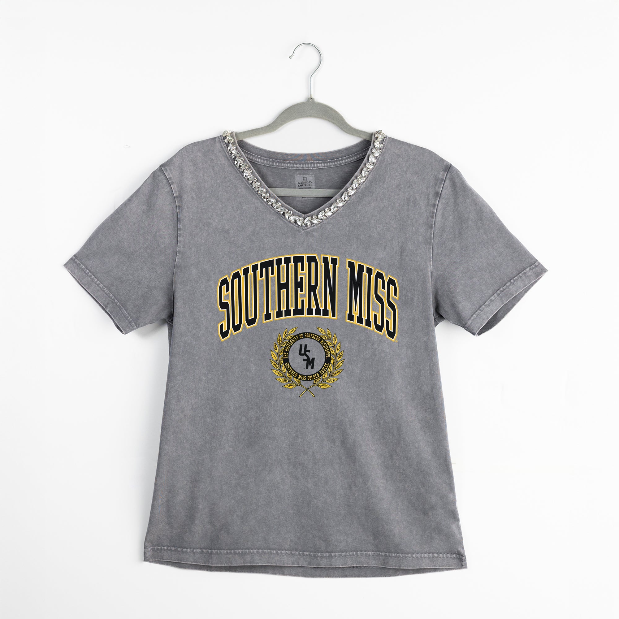 SOUTHERN MISS GOLDEN EAGLES ICONIC EDGE RHINESTONE TRIM V-NECK TEE