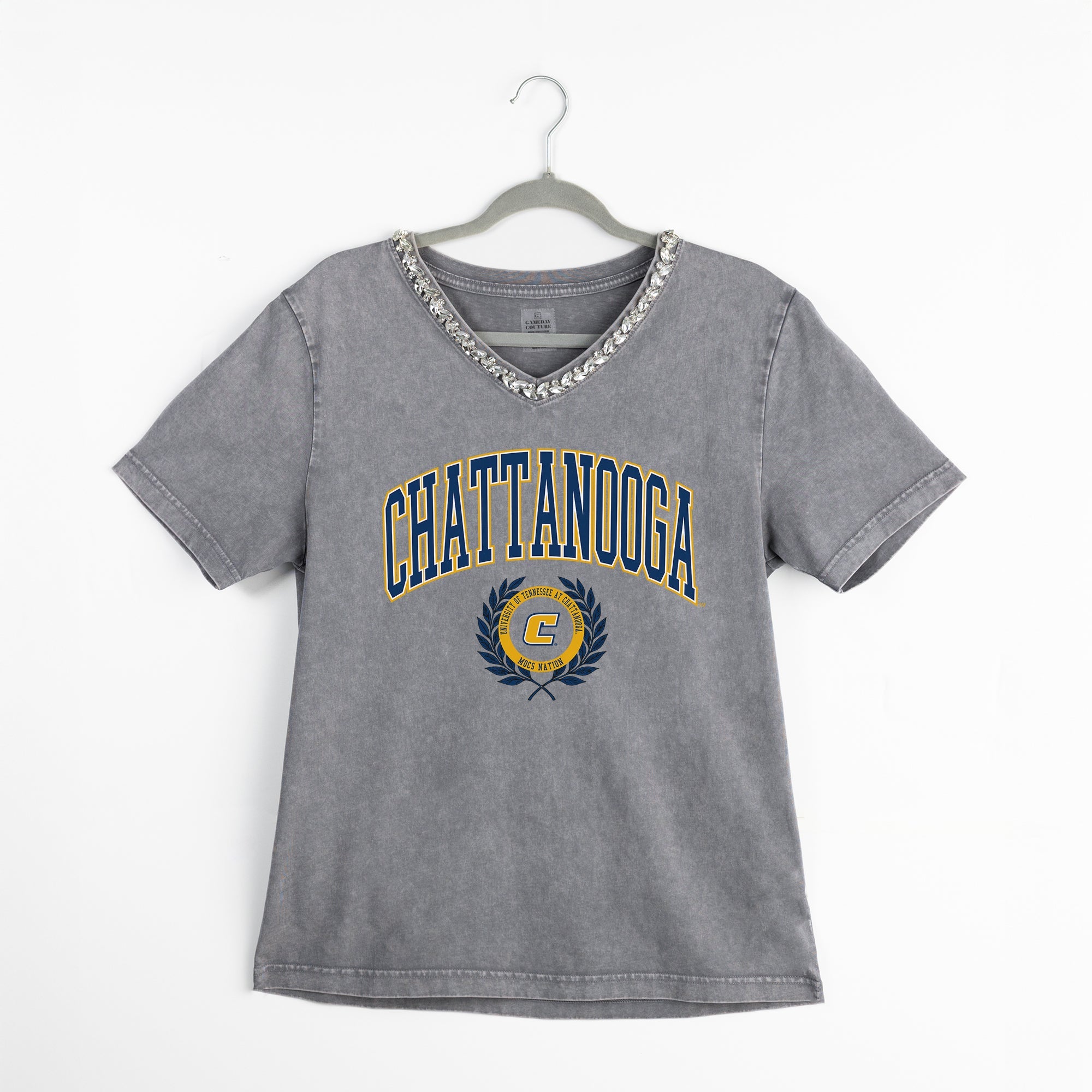 CHATTANOOGA MOCS ICONIC EDGE RHINESTONE TRIM V-NECK TEE