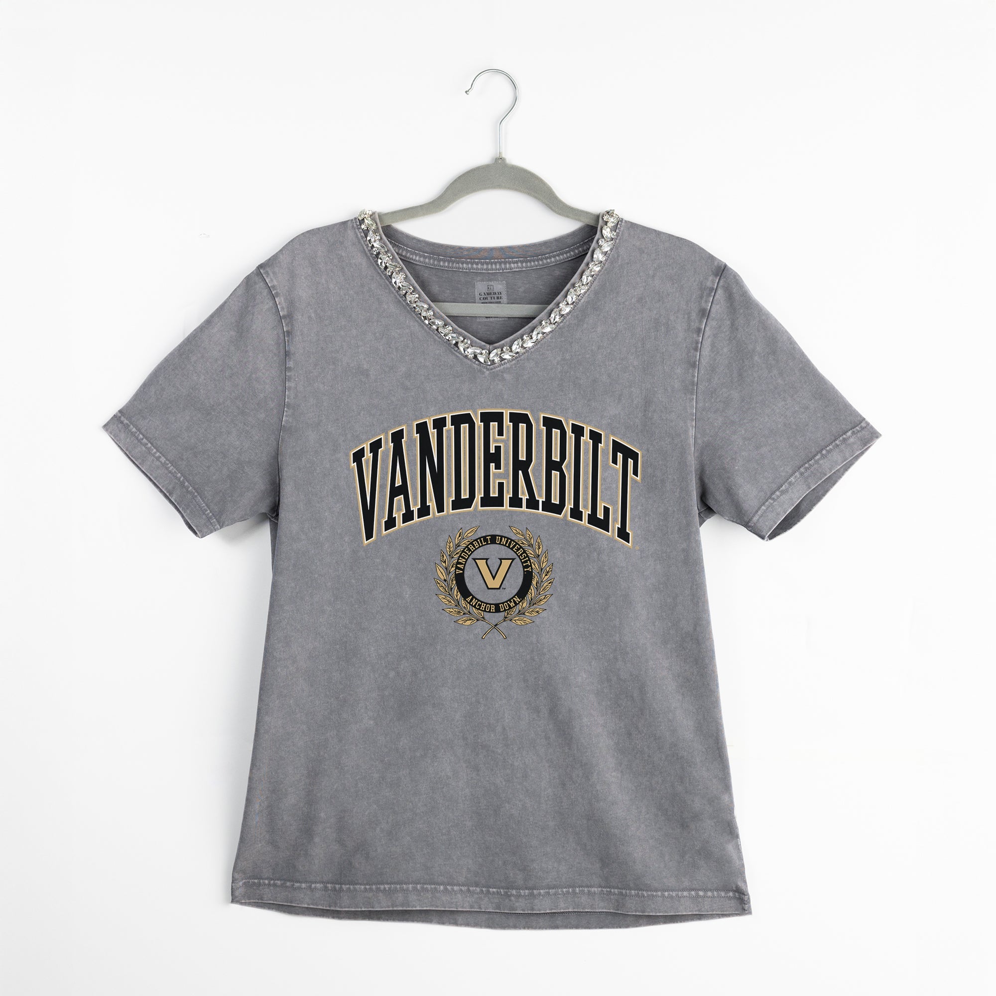 VANDERBILT COMMODORES ICONIC EDGE RHINESTONE TRIM V-NECK TEE
