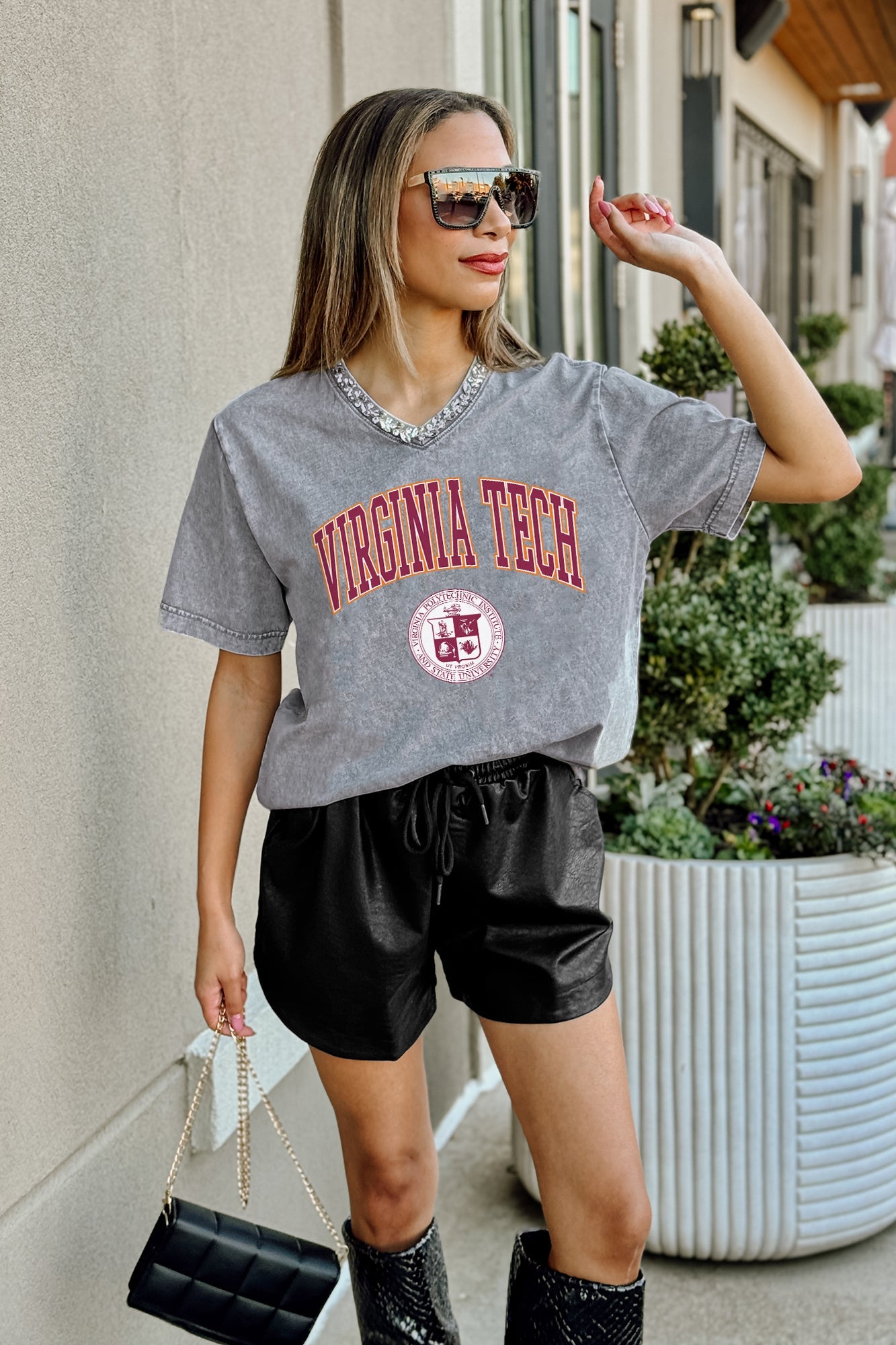 VIRGINIA TECH HOKIES ICONIC EDGE RHINESTONE TRIM V-NECK TEE