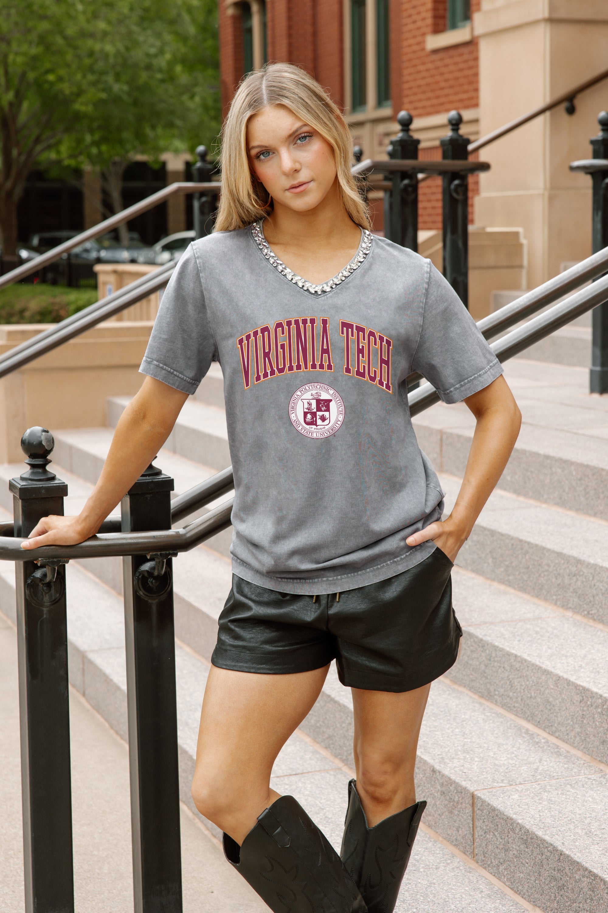 VIRGINIA TECH HOKIES ICONIC EDGE RHINESTONE TRIM V-NECK TEE