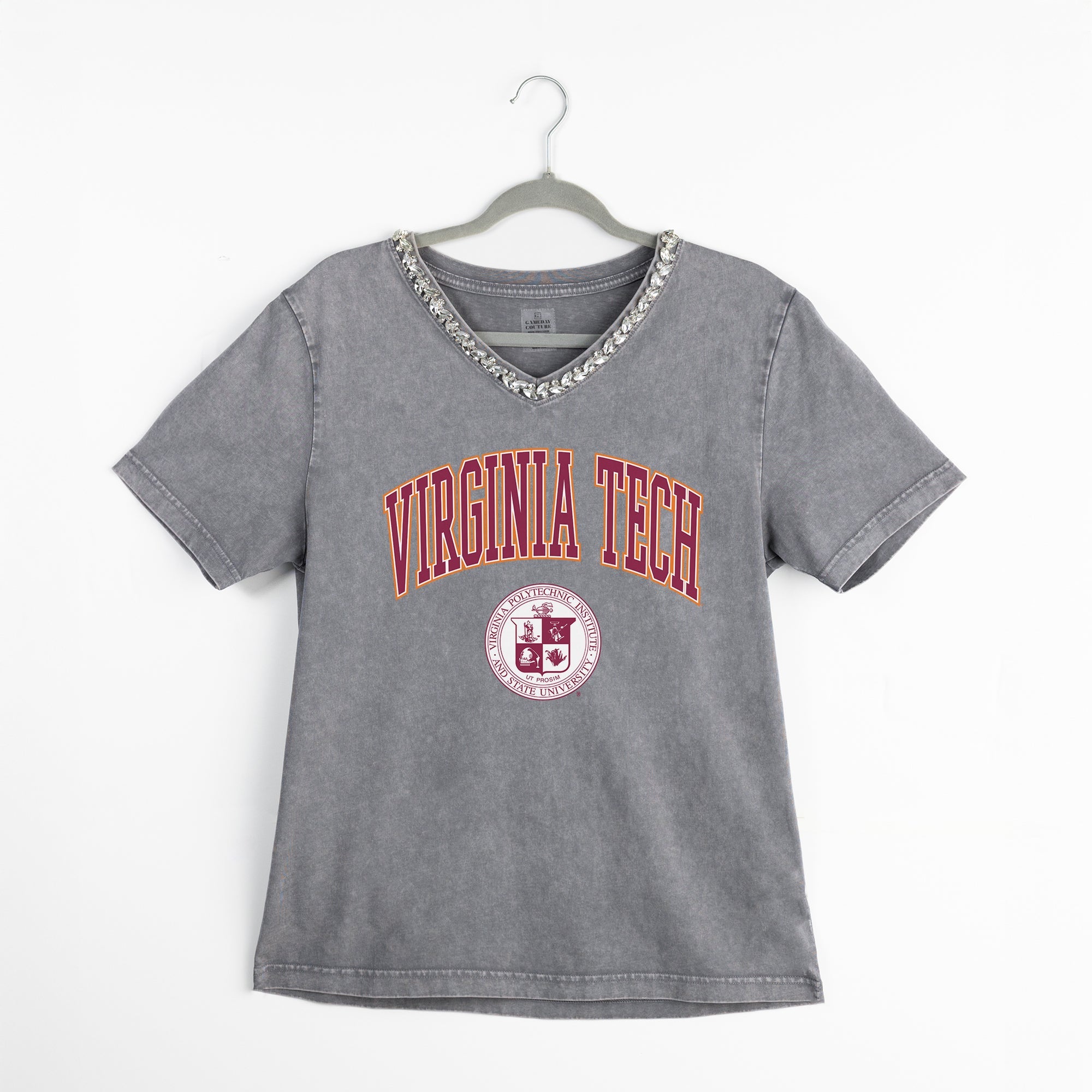 VIRGINIA TECH HOKIES ICONIC EDGE RHINESTONE TRIM V-NECK TEE