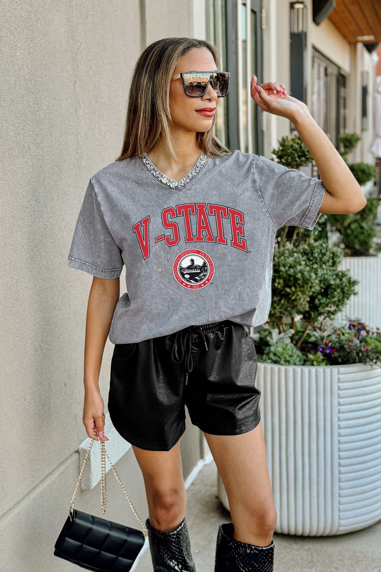 VALDOSTA STATE BLAZERS ICONIC EDGE RHINESTONE TRIM V-NECK TEE