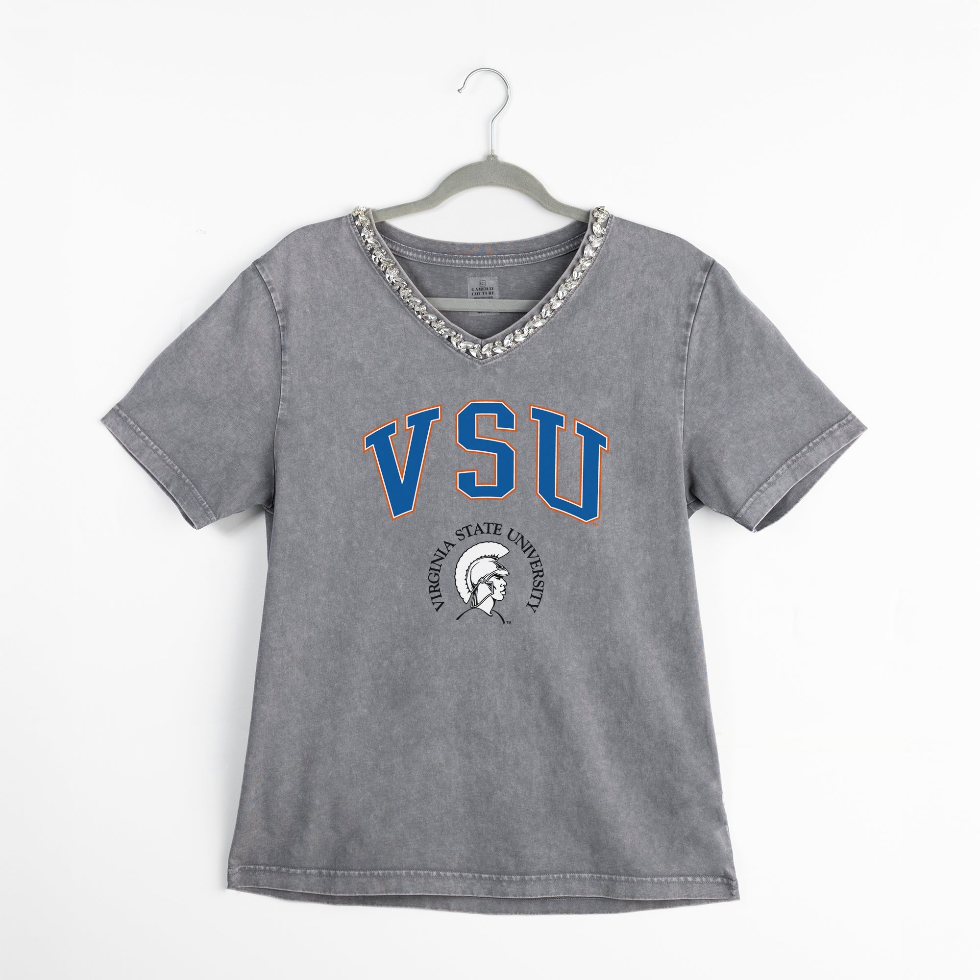 VIRGINIA STATE TROJANS ICONIC EDGE RHINESTONE TRIM V-NECK TEE