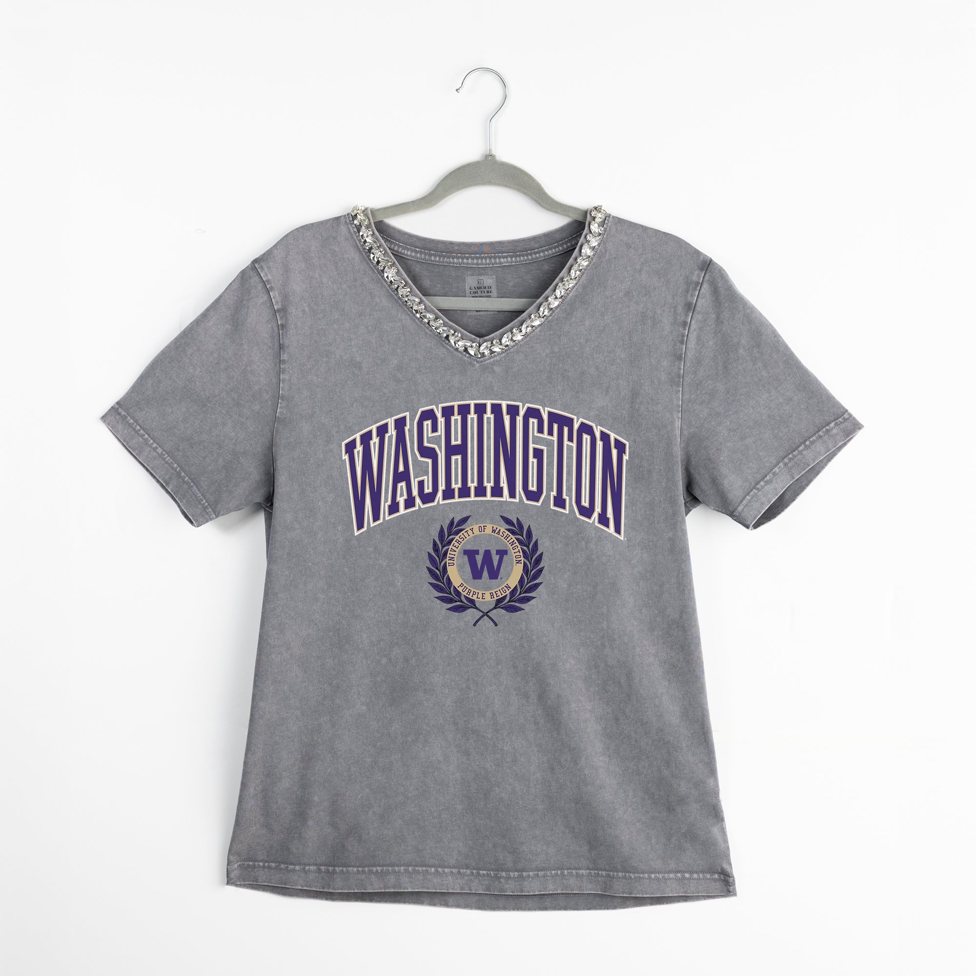 WASHINGTON HUSKIES ICONIC EDGE RHINESTONE TRIM V-NECK TEE
