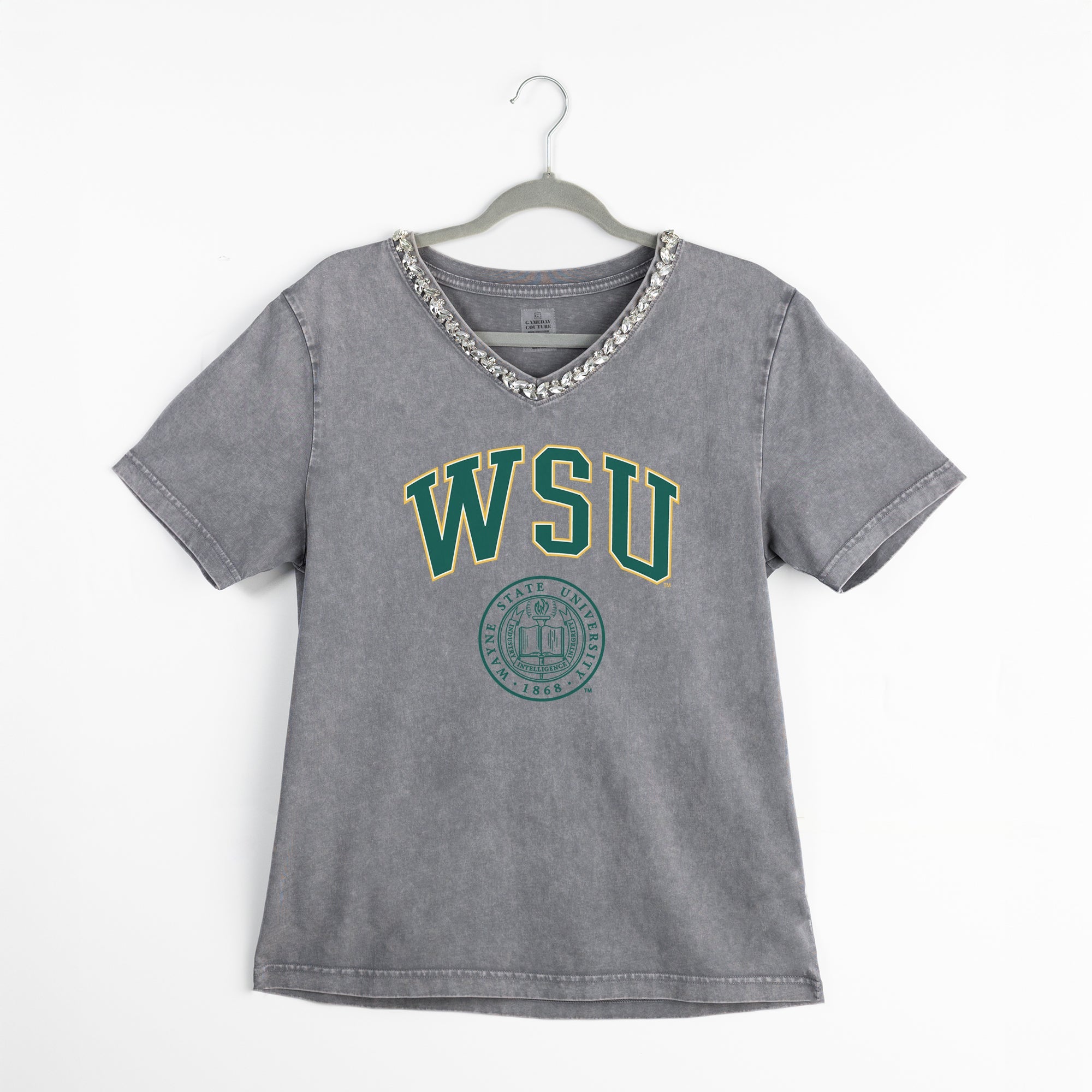 WAYNE STATE WARRIORS ICONIC EDGE RHINESTONE TRIM V-NECK TEE