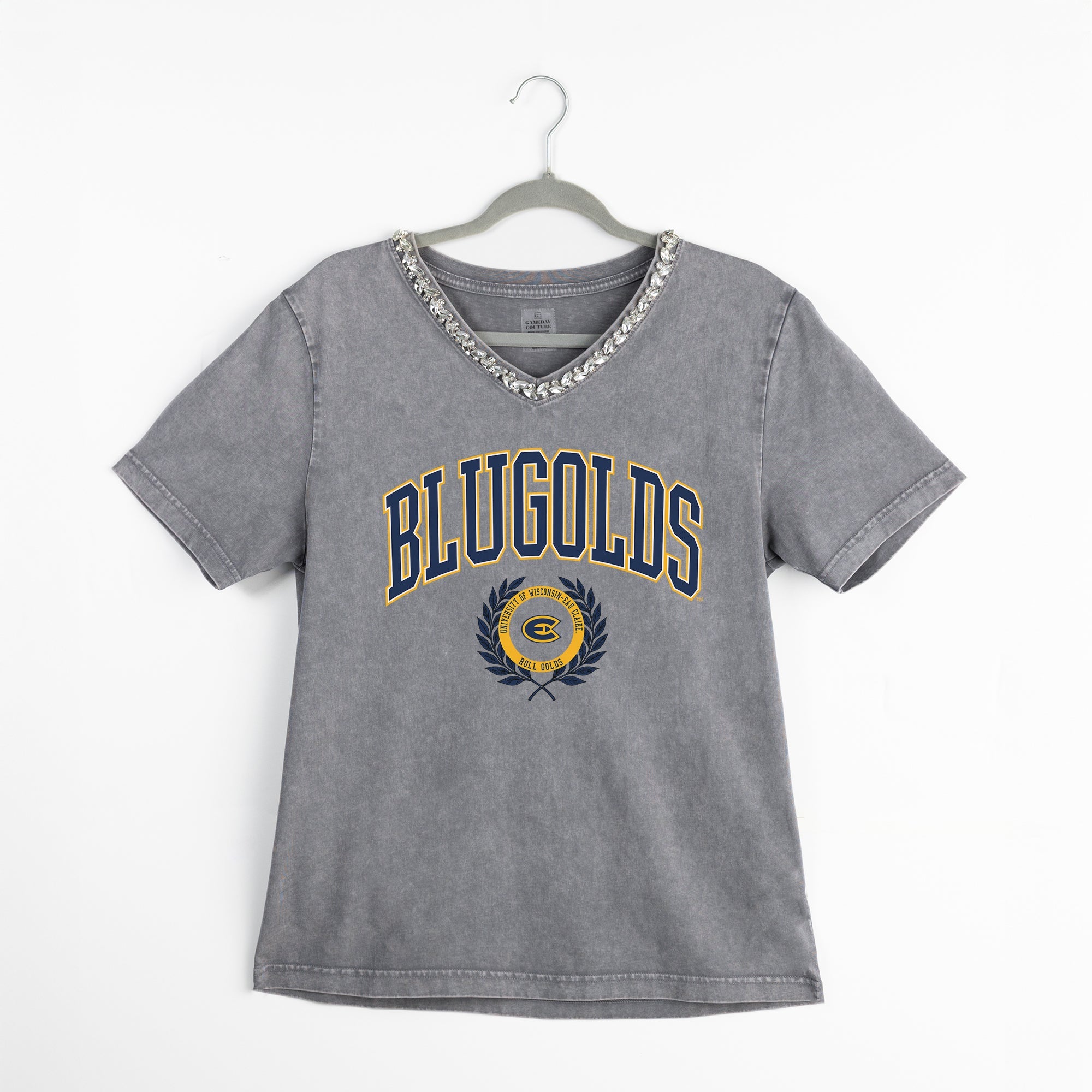 WISCONSIN-EAU CLAIRE BLUGOLDS ICONIC EDGE RHINESTONE TRIM V-NECK TEE