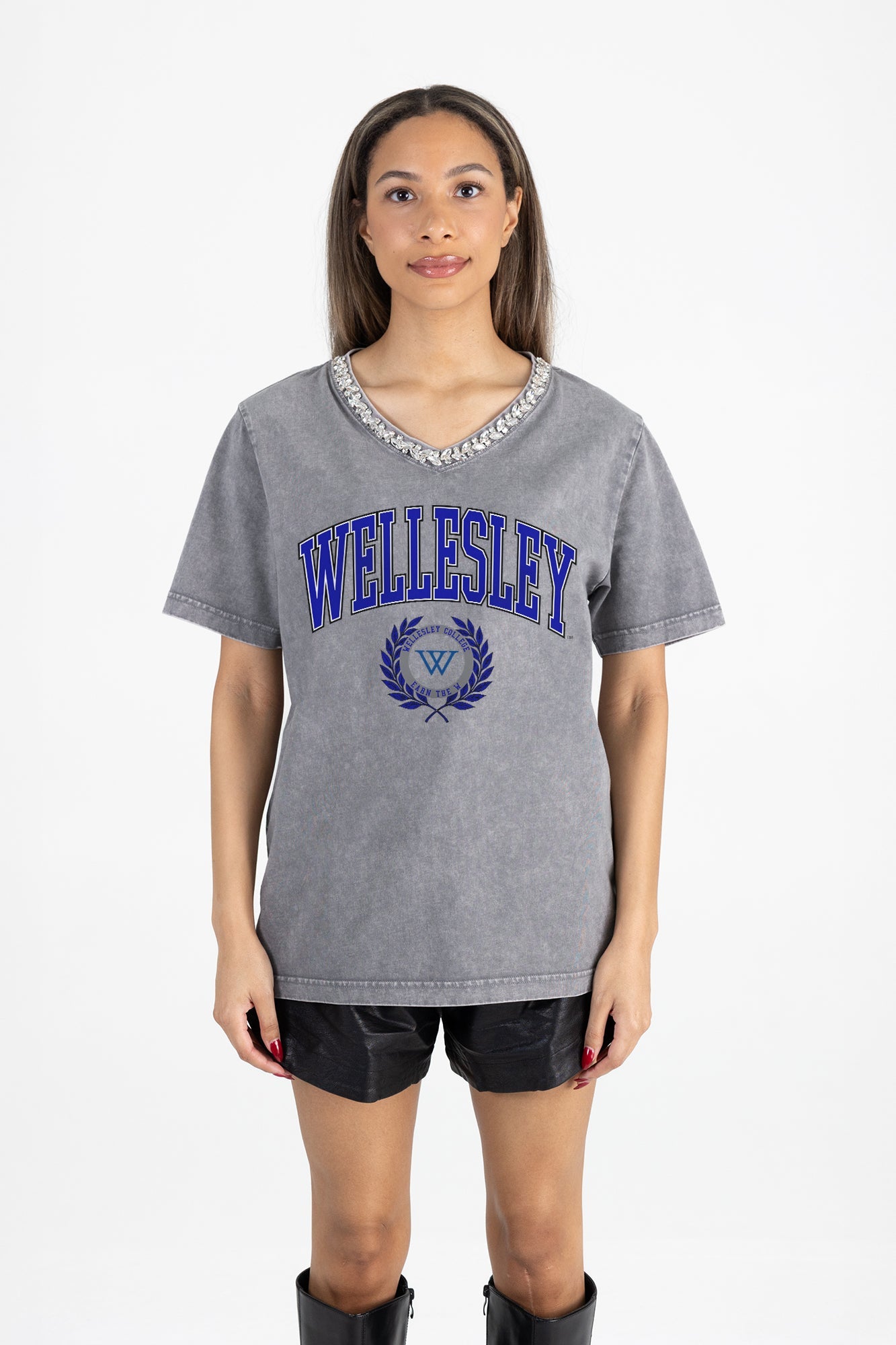 WELLESLEY BLUE ICONIC EDGE RHINESTONE TRIM V-NECK TEE
