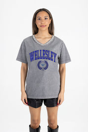 WELLESLEY BLUE ICONIC EDGE RHINESTONE TRIM V-NECK TEE