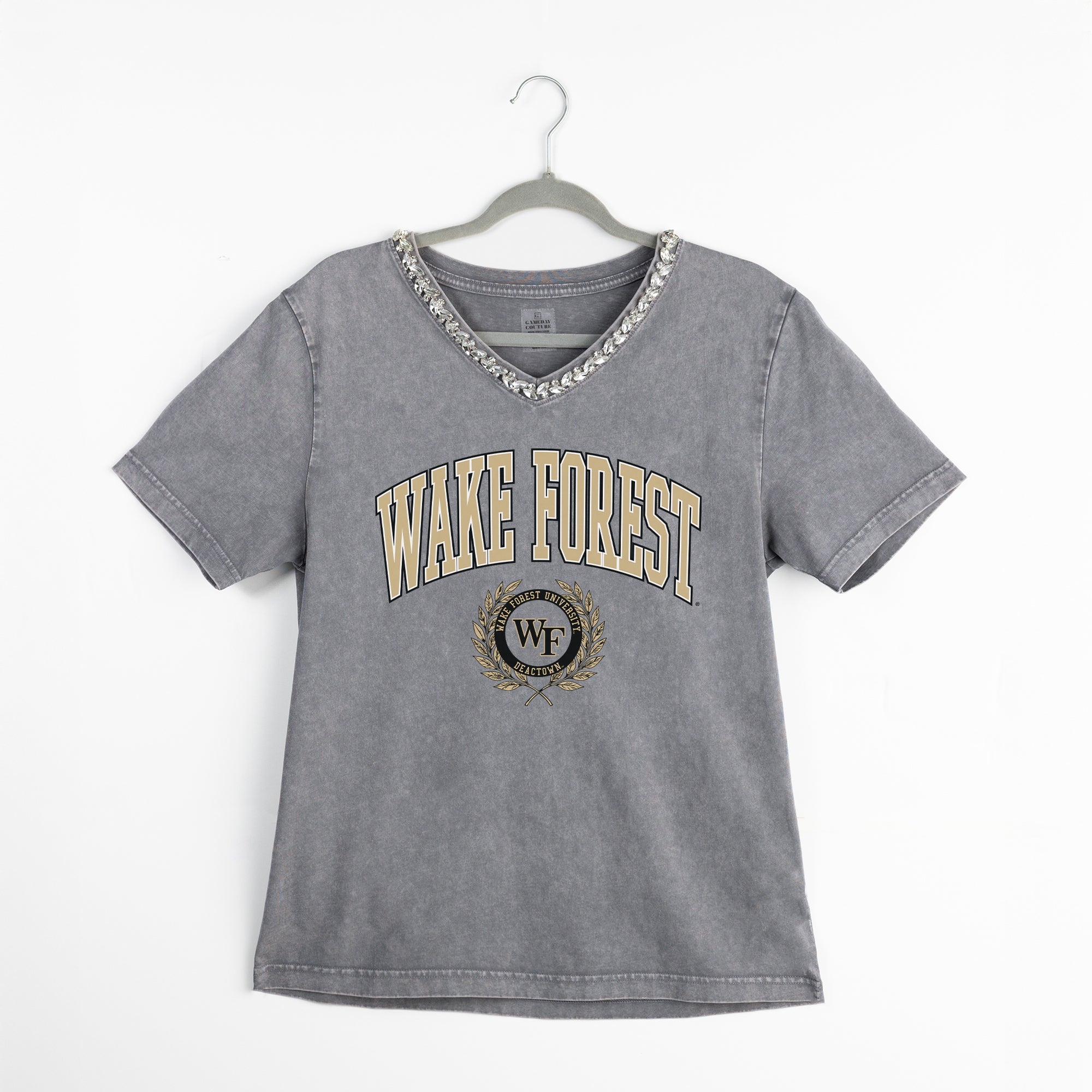 WAKE FOREST DEMON DEACONS ICONIC EDGE RHINESTONE TRIM V-NECK TEE