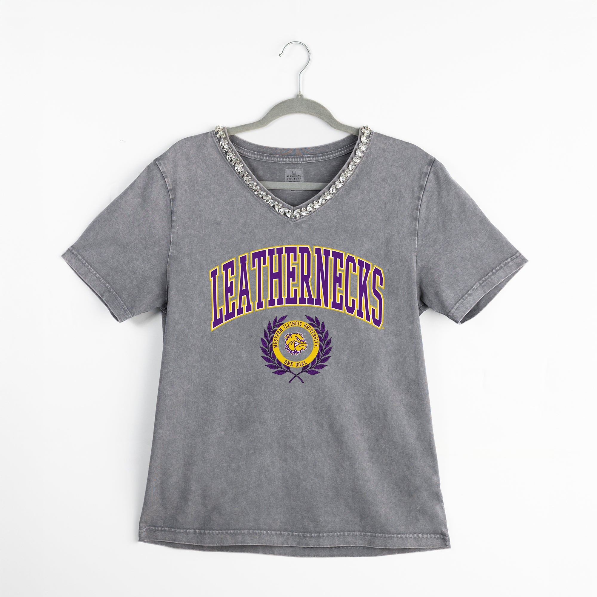 WESTERN ILLINOIS LEATHERNECKS ICONIC EDGE RHINESTONE TRIM V-NECK TEE