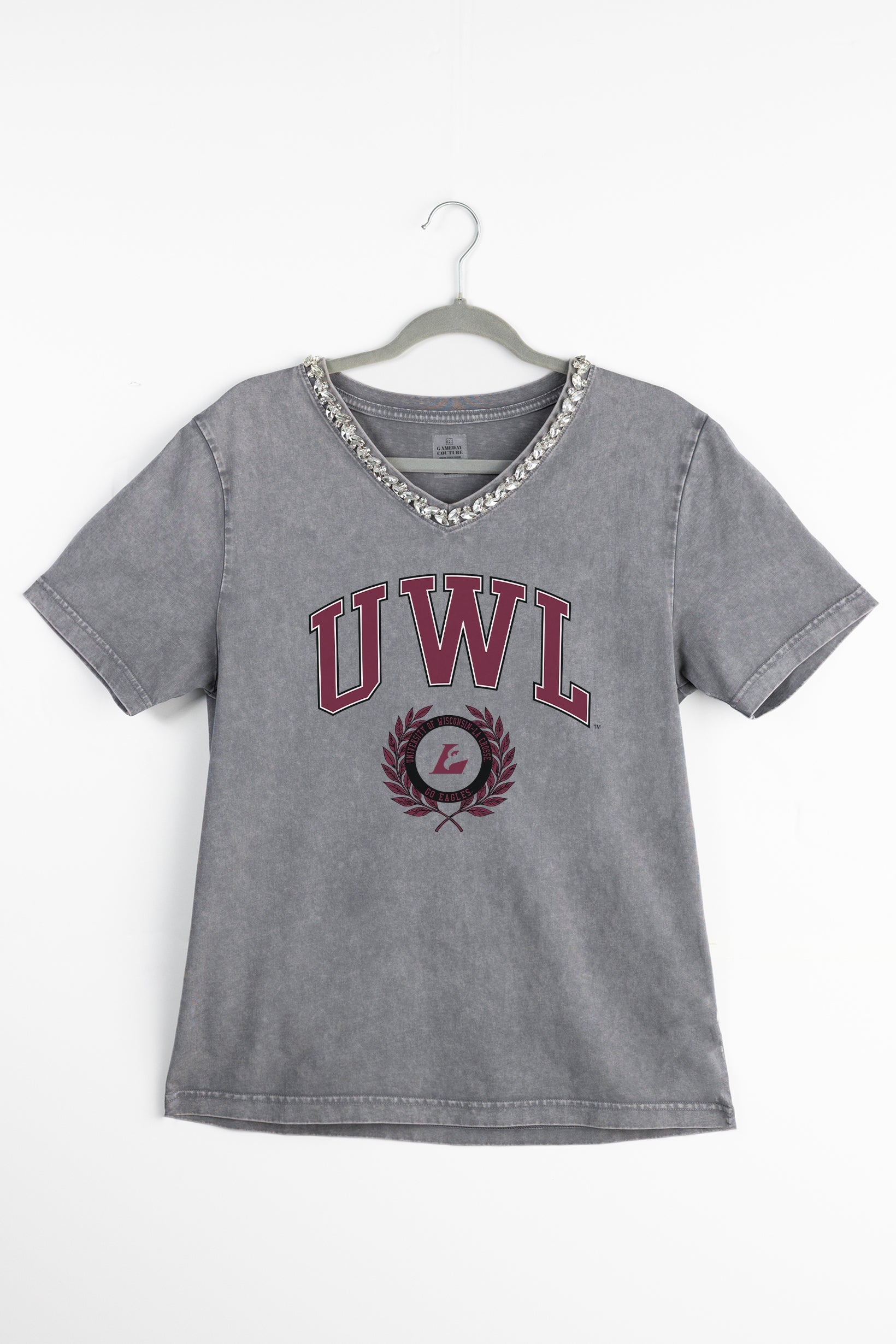 UW LA CROSSE EAGLES ICONIC EDGE RHINESTONE TRIM V-NECK TEE