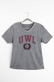 UW LA CROSSE EAGLES ICONIC EDGE RHINESTONE TRIM V-NECK TEE