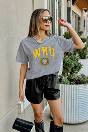 WESTERN MICHIGAN BRONCOS ICONIC EDGE RHINESTONE TRIM V-NECK TEE