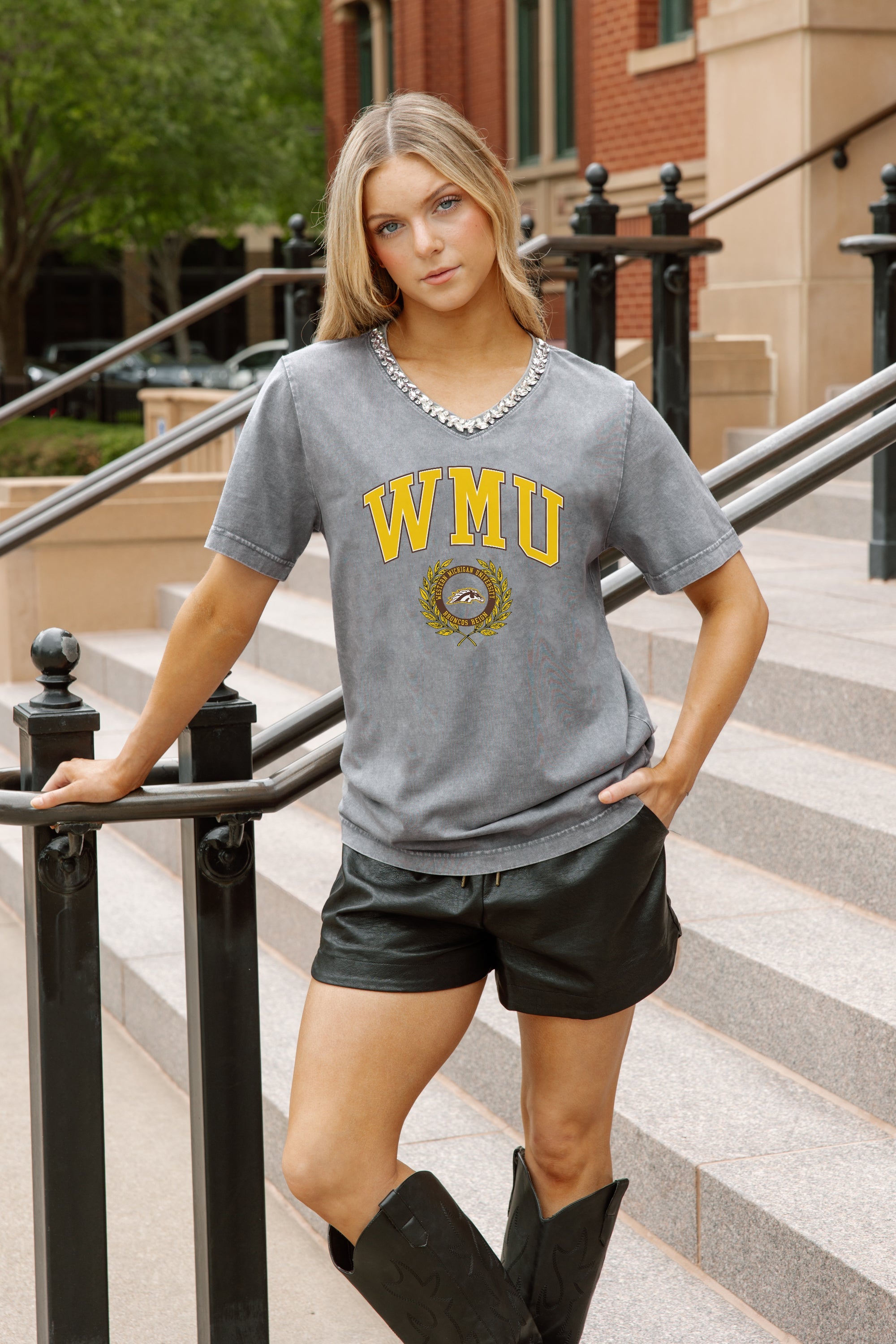 WESTERN MICHIGAN BRONCOS ICONIC EDGE RHINESTONE TRIM V-NECK TEE