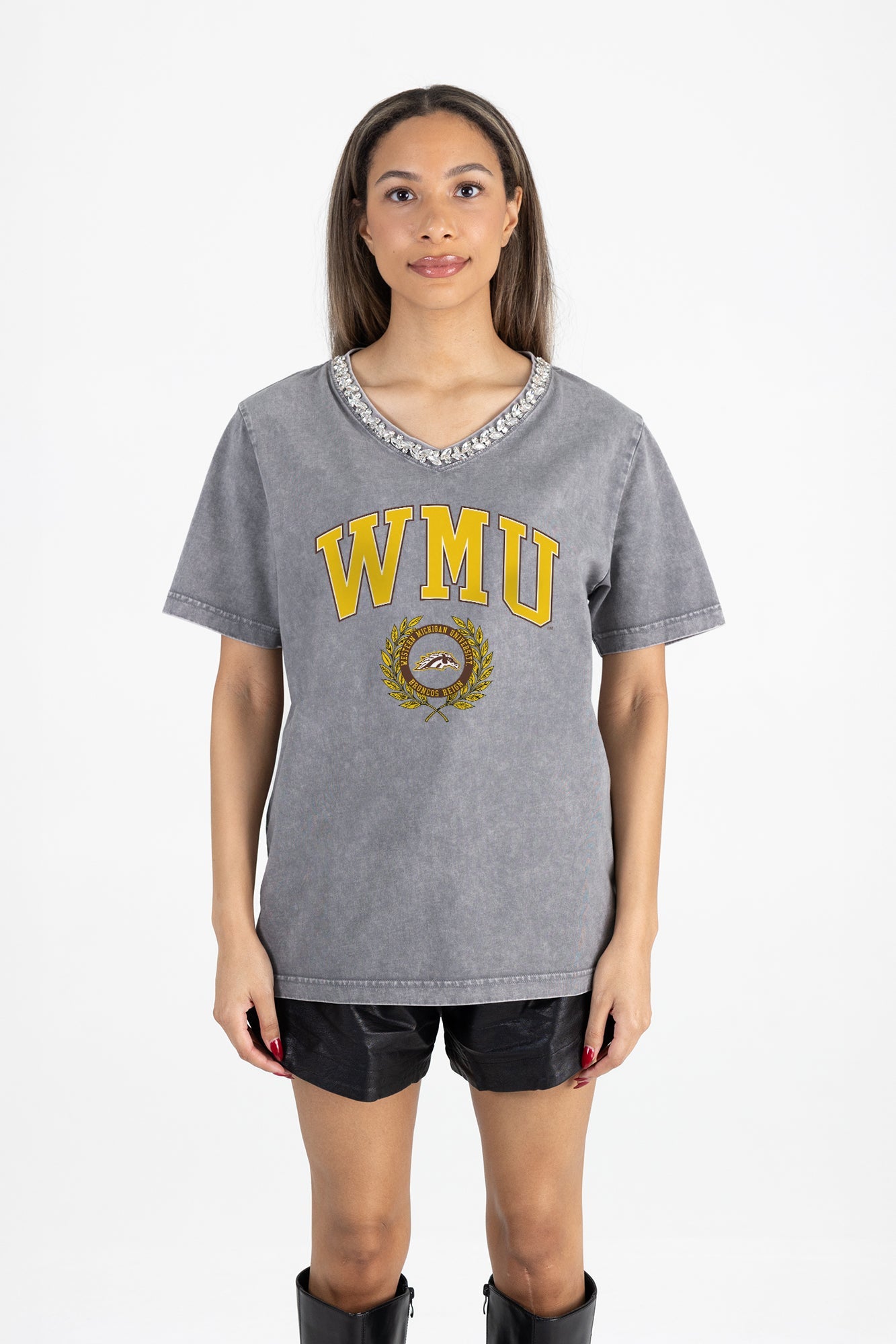 WESTERN MICHIGAN BRONCOS ICONIC EDGE RHINESTONE TRIM V-NECK TEE