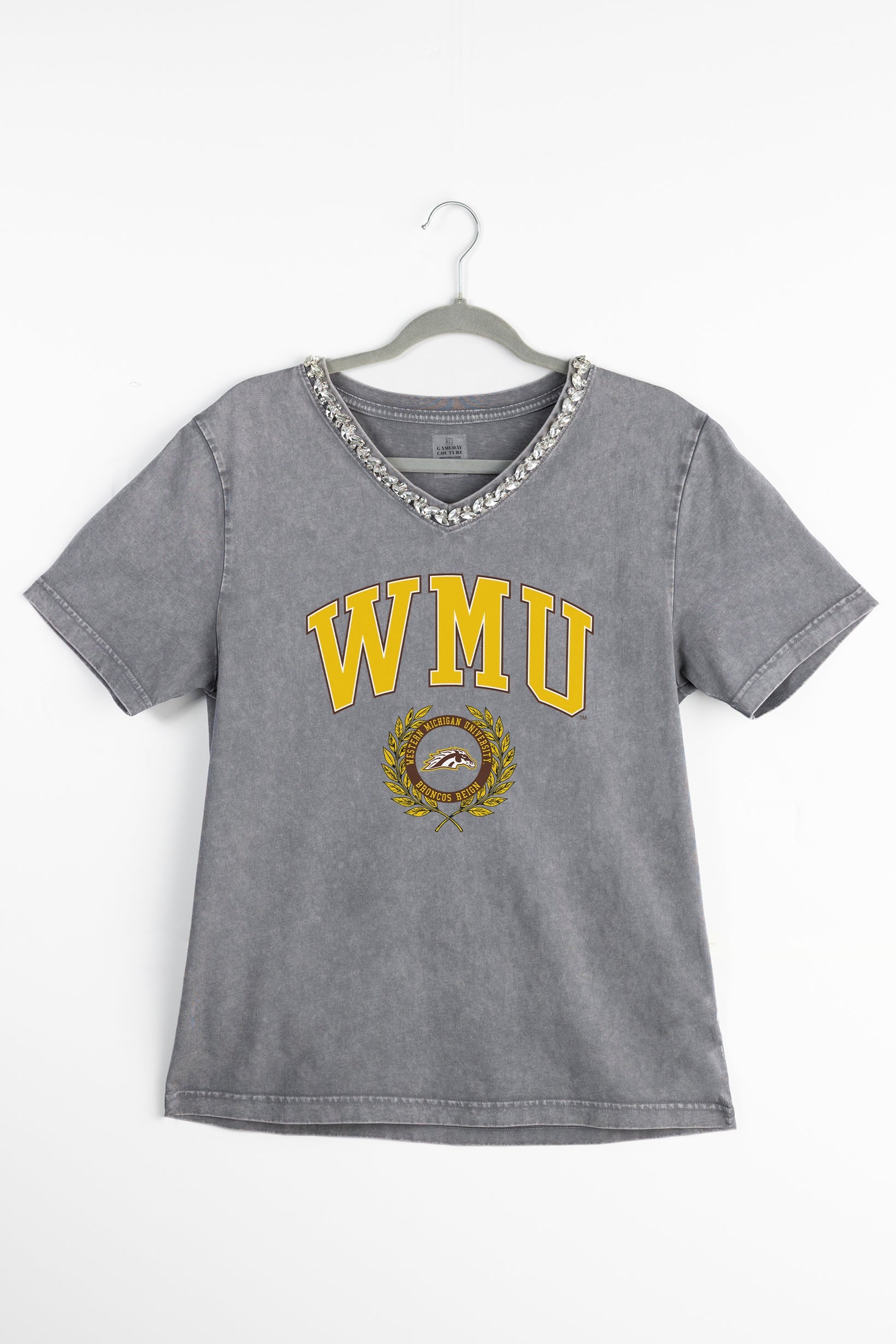 WESTERN MICHIGAN BRONCOS ICONIC EDGE RHINESTONE TRIM V-NECK TEE
