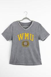 WESTERN MICHIGAN BRONCOS ICONIC EDGE RHINESTONE TRIM V-NECK TEE