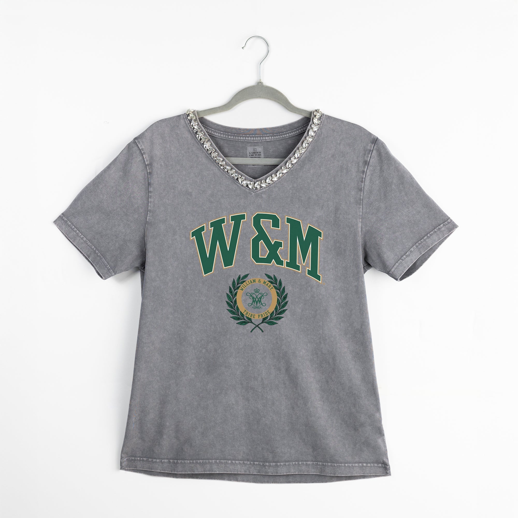 WILLIAM & MARY TRIBE ICONIC EDGE RHINESTONE TRIM V-NECK TEE