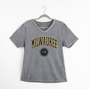 UW-MILWAUKEE PANTHERS ICONIC EDGE RHINESTONE TRIM V-NECK TEE