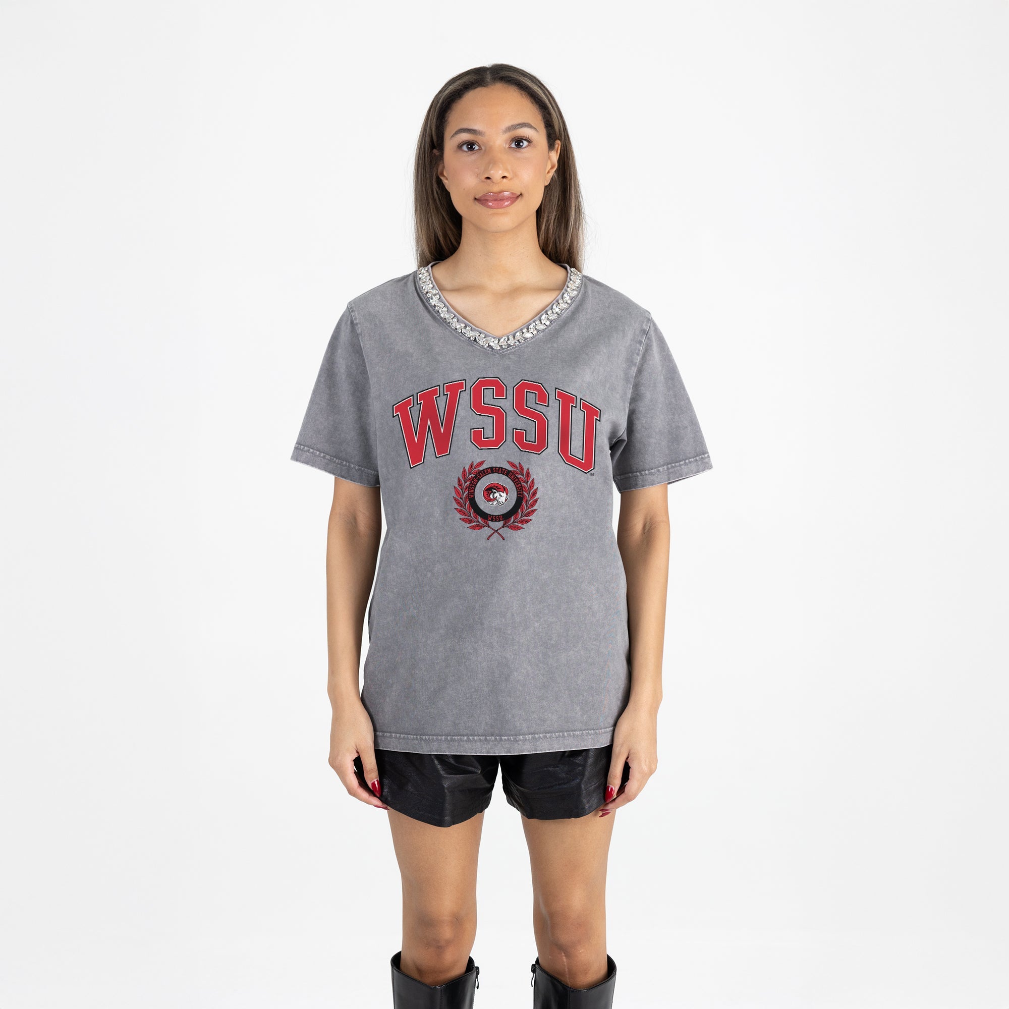 WINSTON-SALEM STATE RAMS ICONIC EDGE RHINESTONE TRIM V-NECK TEE