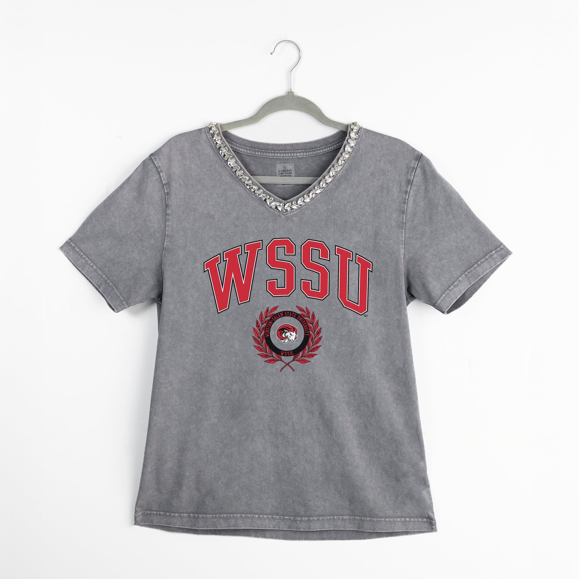 WINSTON-SALEM STATE RAMS ICONIC EDGE RHINESTONE TRIM V-NECK TEE