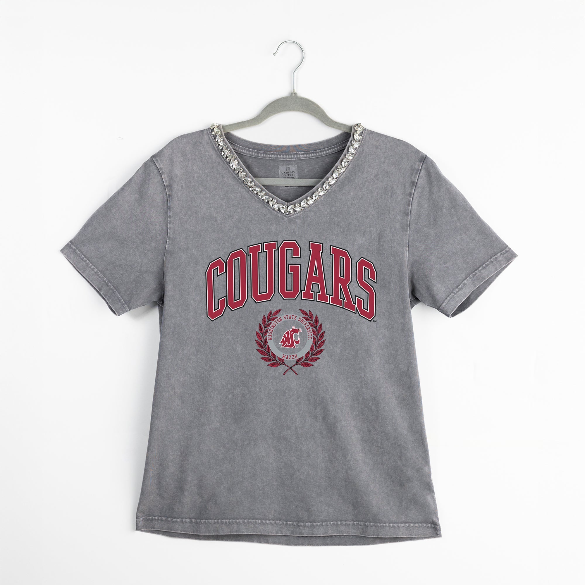 WASHINGTON STATE COUGARS ICONIC EDGE RHINESTONE TRIM V-NECK TEE