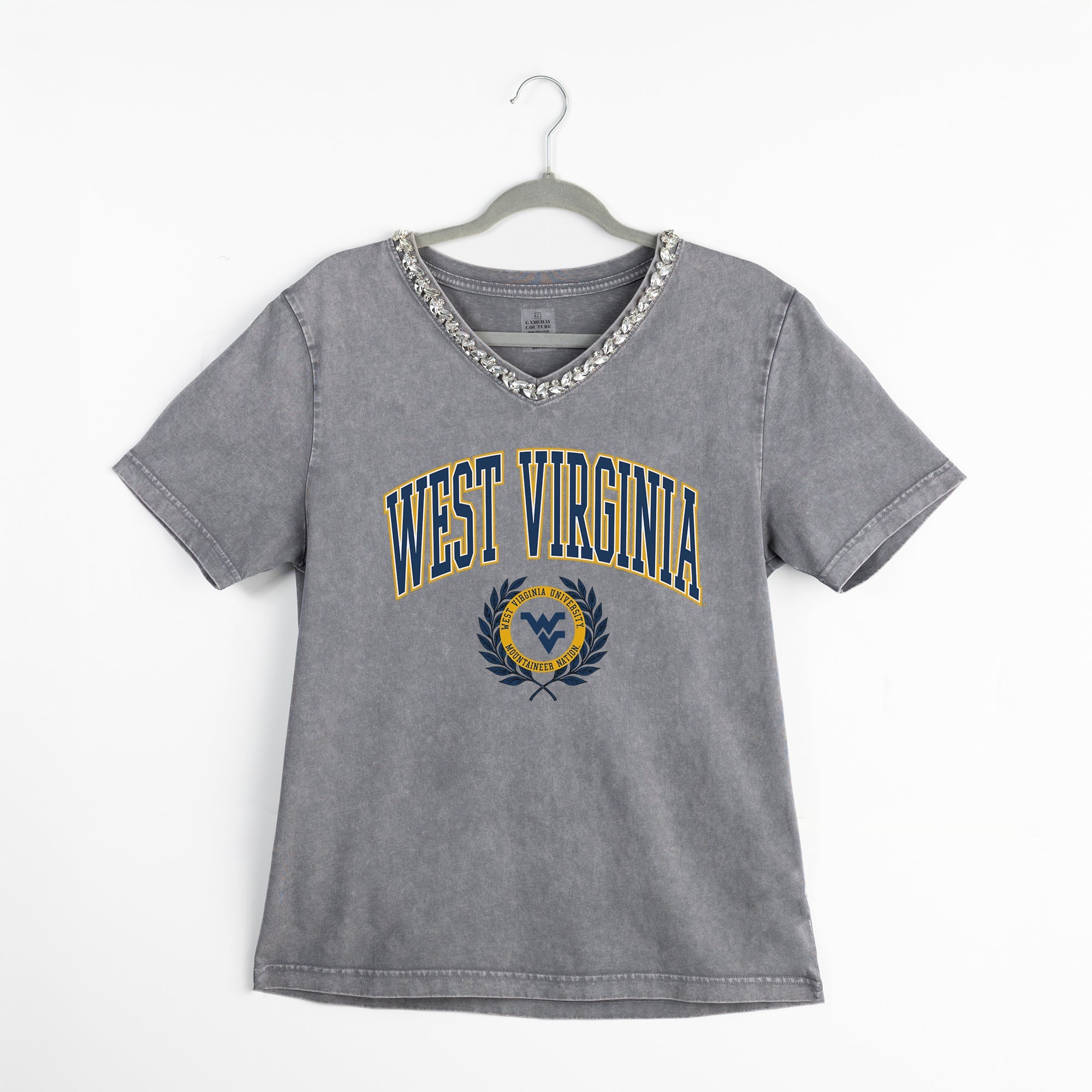 WEST VIRGINIA MOUNTAINEERS ICONIC EDGE RHINESTONE TRIM V-NECK TEE